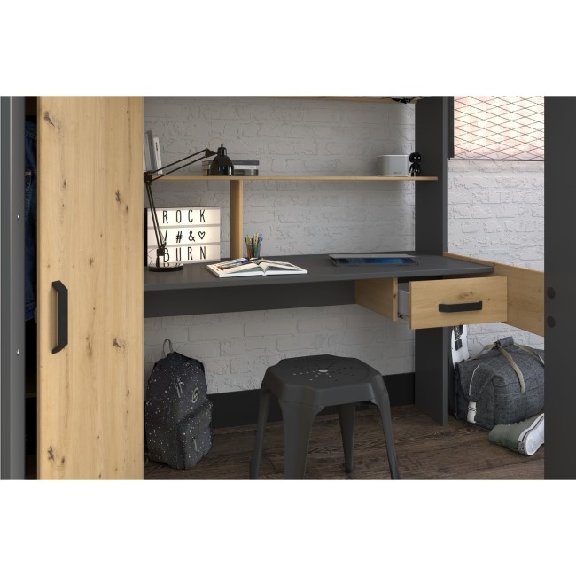 High Sleeper Loft Bed with Desk and Wardrobe in Oak and Grey - Grayson - Kids Avenue