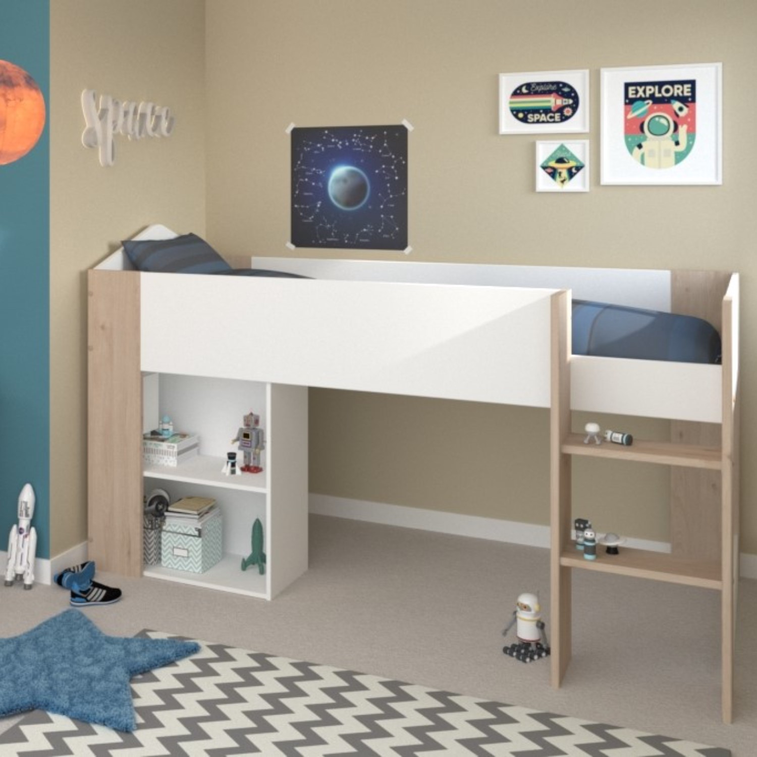 Photo of White and oak mid sleeper cabin bed with storage - shelter - kids avenue