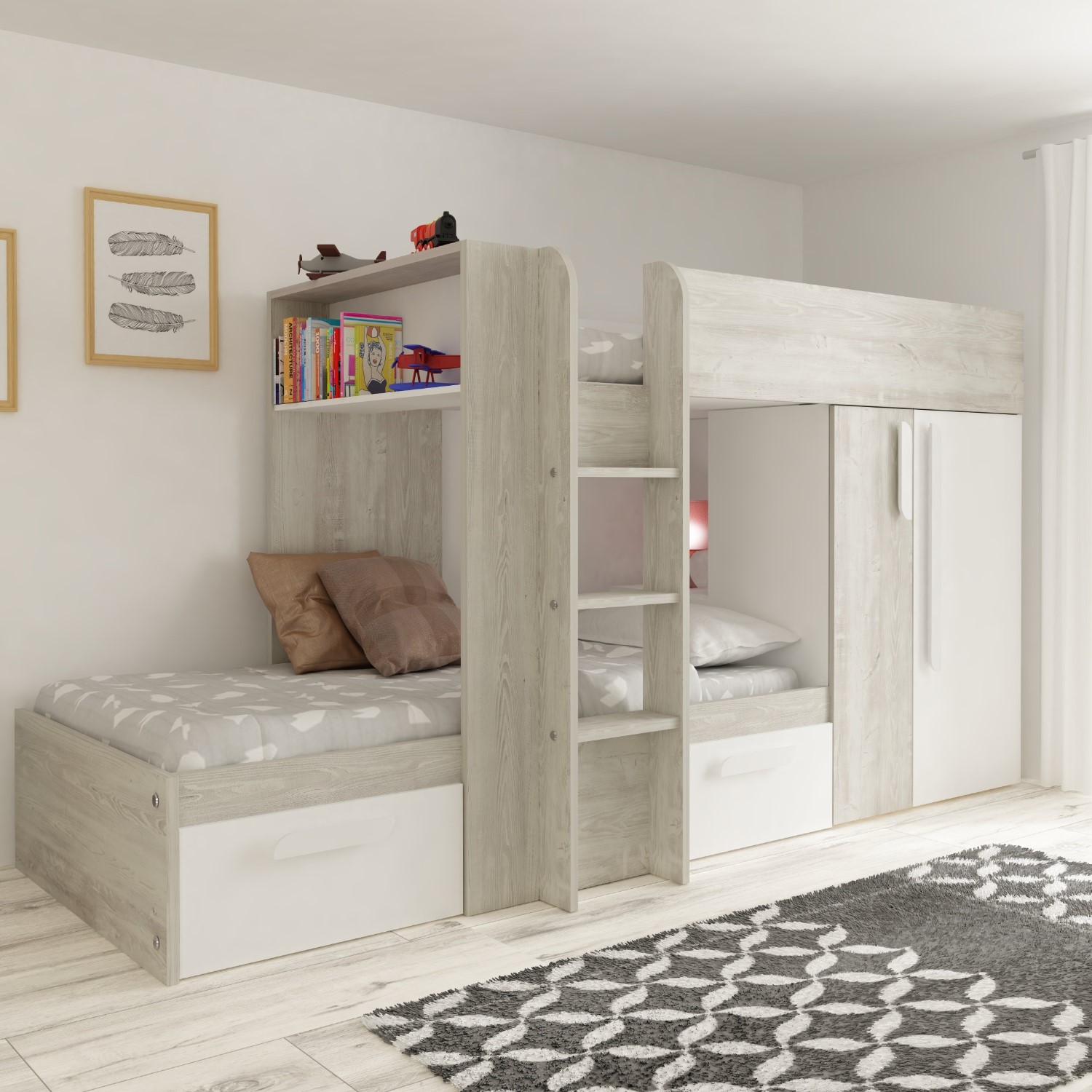 Photo of White and oak bunk bed with wardrobe and storage drawers - barca - kids avenue