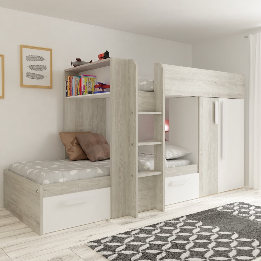 White and Oak Bunk Bed with Wardrobe and Storage Drawers - Barca - Kids Avenue