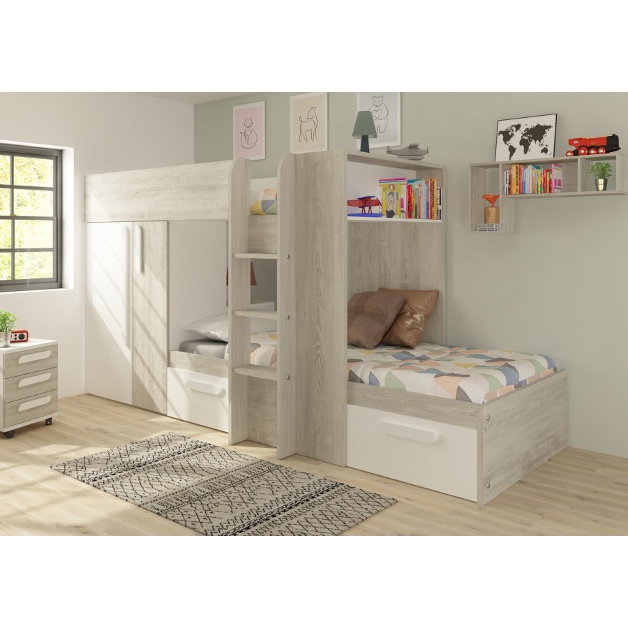 White and Oak Bunk Bed with Wardrobe and Storage Drawers - Barca - Kids Avenue