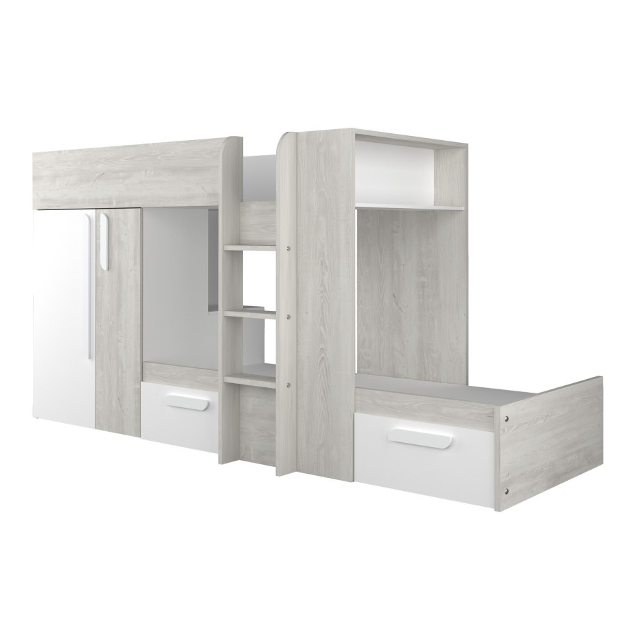 White and Oak Bunk Bed with Wardrobe and Storage Drawers - Barca - Kids Avenue