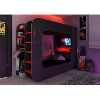 High Sleeper Gaming Pod Bed with Desk and Storage in Dark Grey - Loftpod Solo 1 - Kids Avenue