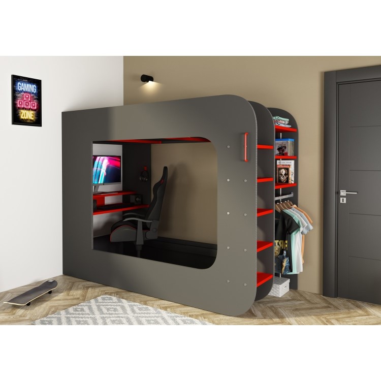 High Sleeper Gaming Pod Bed with Desk and Storage in Dark Grey - Loftpod Solo 1 - Kids Avenue