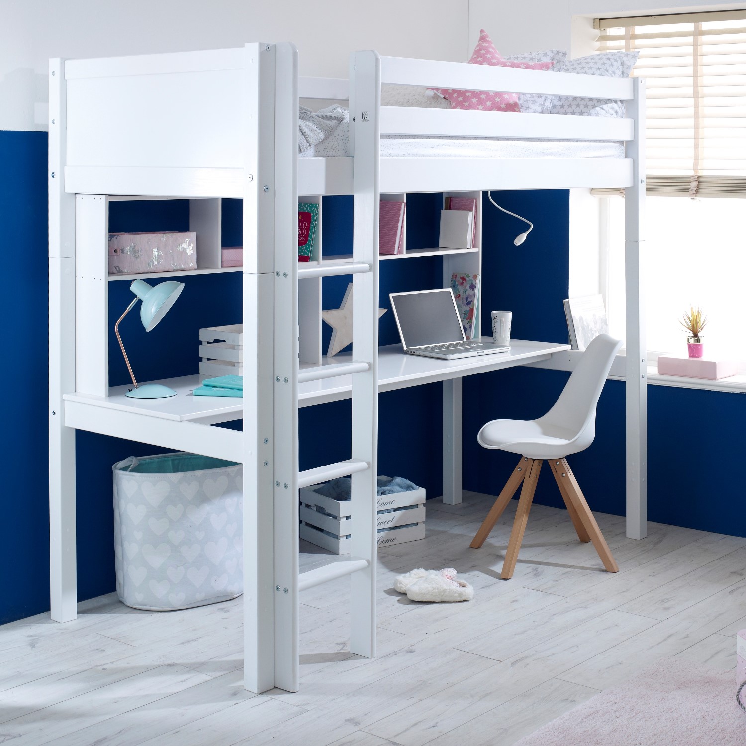 High Sleeper Loft Bed with Desk and Storage in White - Nordic - Kids Avenue