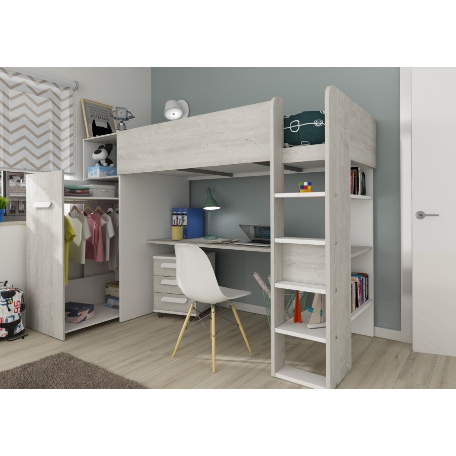 High Sleeper Loft Bed with Desk and Wardrobe in White Oak - Tarragona - Kids Avenue