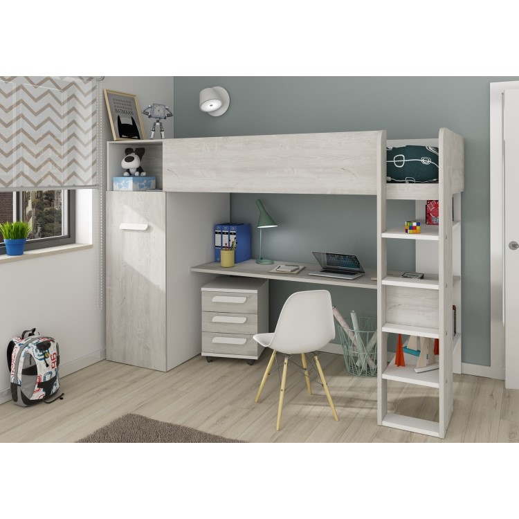 High Sleeper Loft Bed with Desk and Wardrobe in White Oak - Tarragona - Kids Avenue 