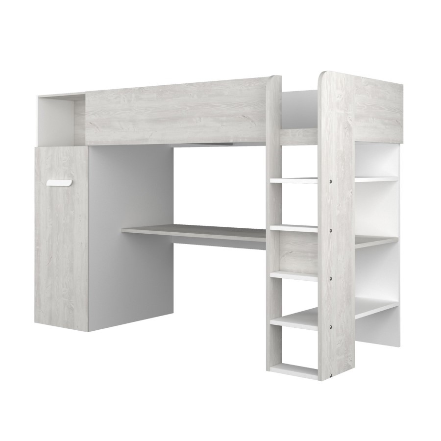 High Sleeper Loft Bed with Desk and Wardrobe in White Oak - Tarragona - Kids Avenue