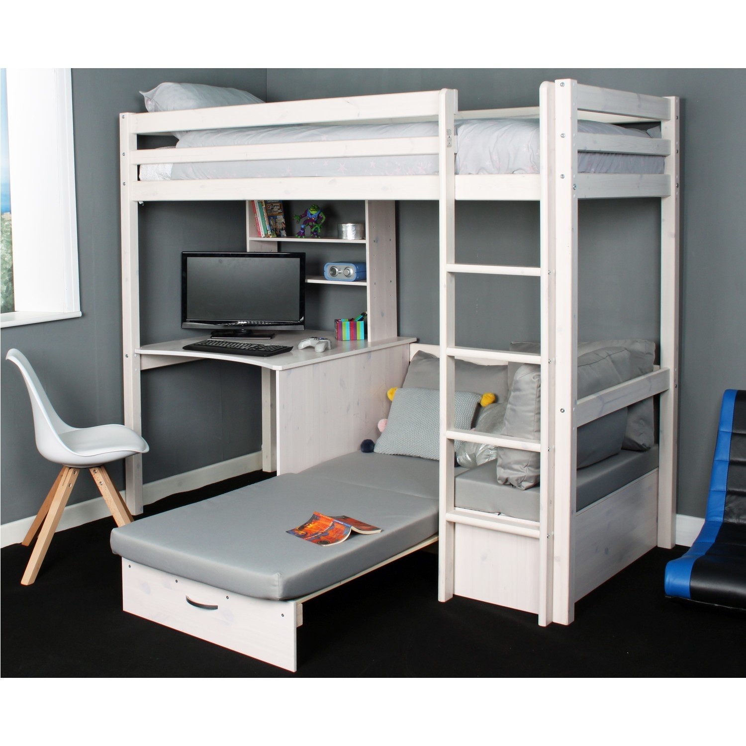 Photo of High sleeper loft bed with desk and futon in white - thuka - kids avenue