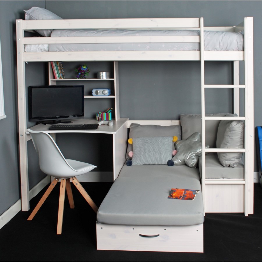 High Sleeper Loft Bed with Desk and Futon in White - Thuka - Kids Avenue