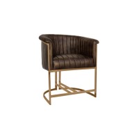 Real Leather & Gold Metal Frame Tub Dining Chair - Brown