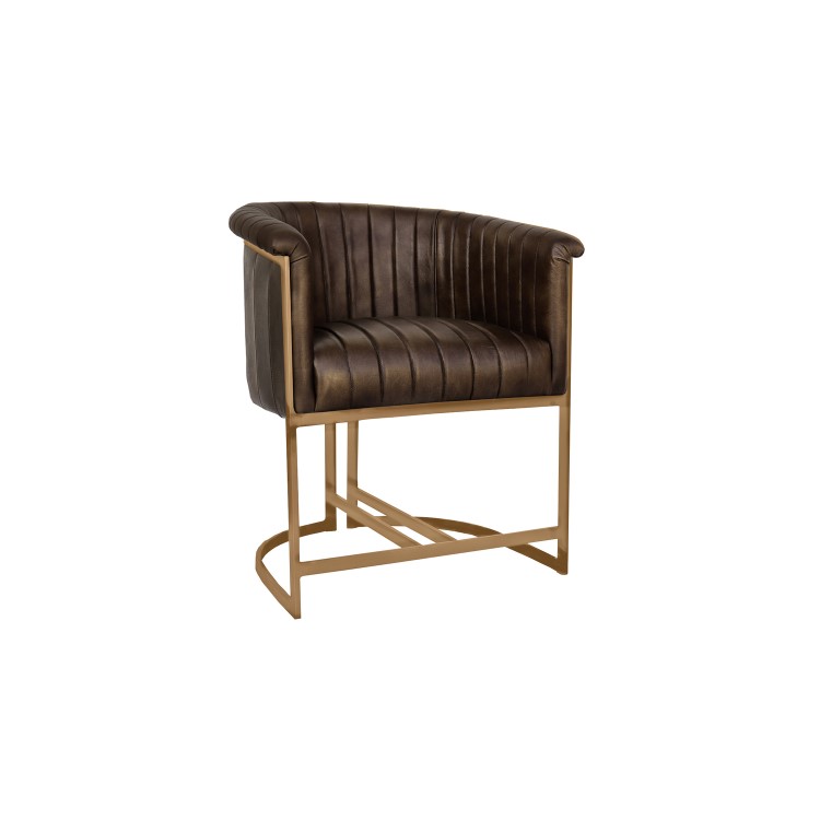 Real Leather & Gold Metal Frame Tub Dining Chair - Brown