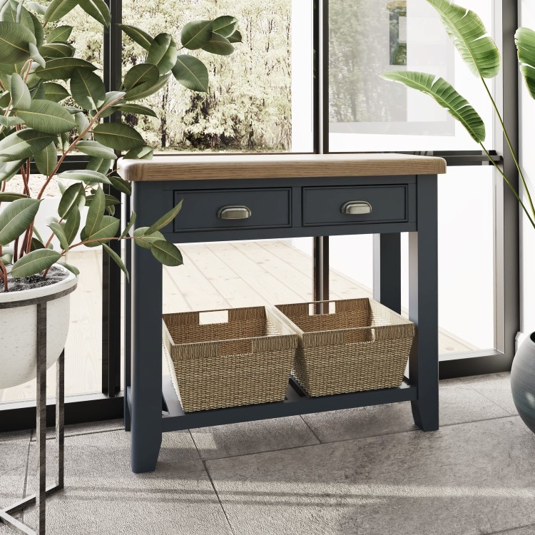 Oak & Blue Console Table with Wicker Baskets