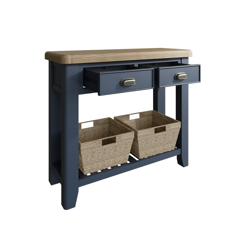 Oak & Blue Console Table with Wicker Baskets