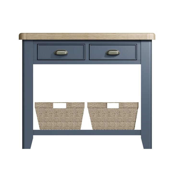 Oak & Blue Console Table with Wicker Baskets