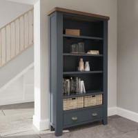 Oak & Blue Large Bookcase with Wicker Baskets Oak & Blue Large Bookcase with Wicker Baskets