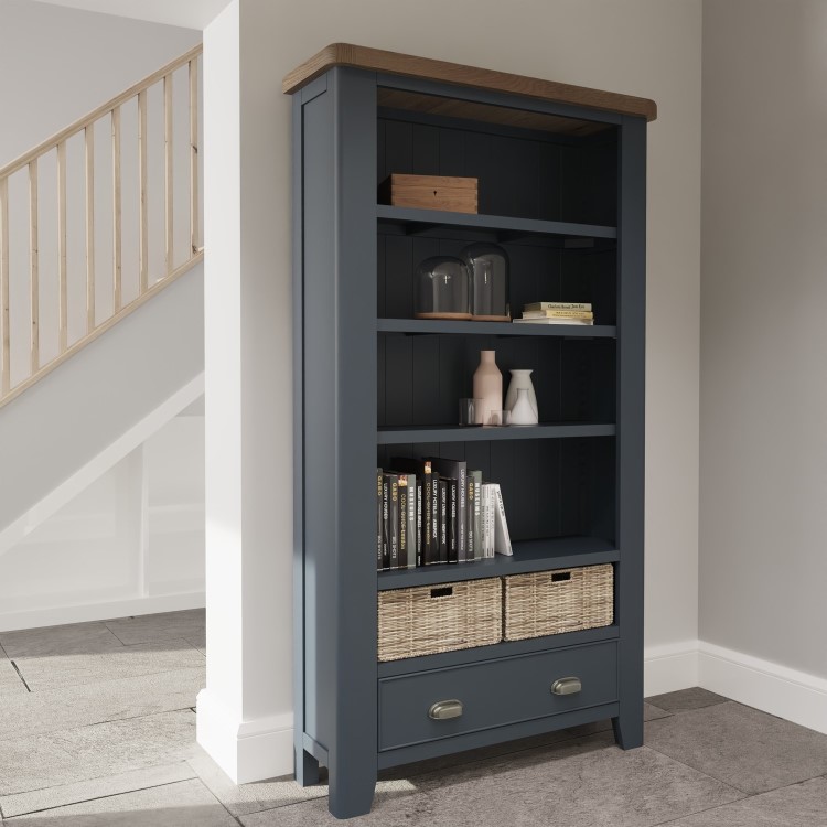 Oak & Blue Large Bookcase with Wicker Baskets