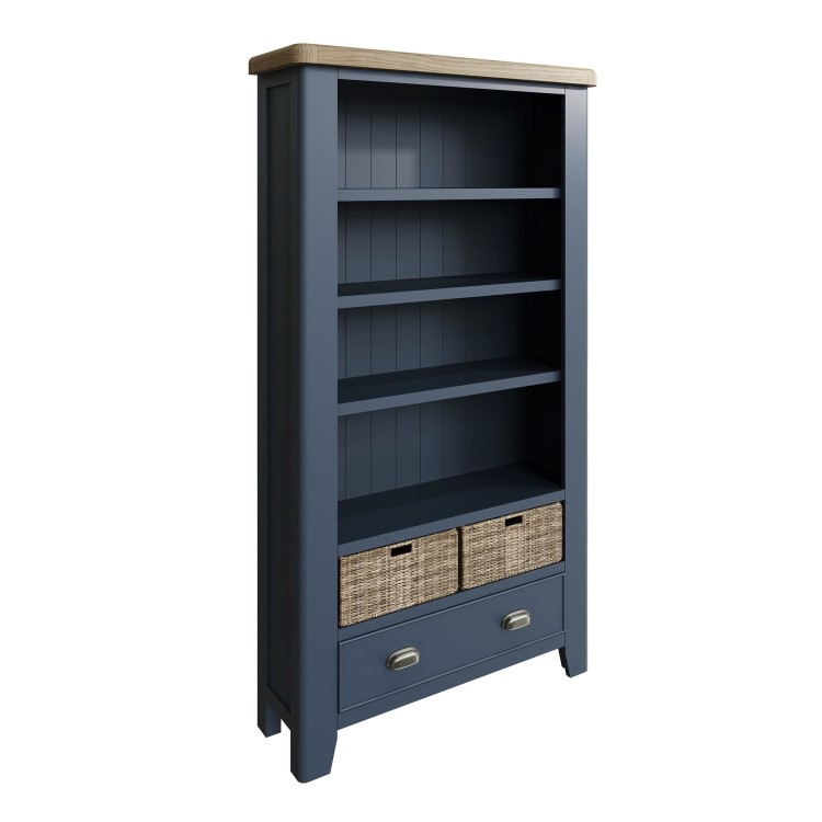 Oak & Blue Large Bookcase with Wicker Baskets