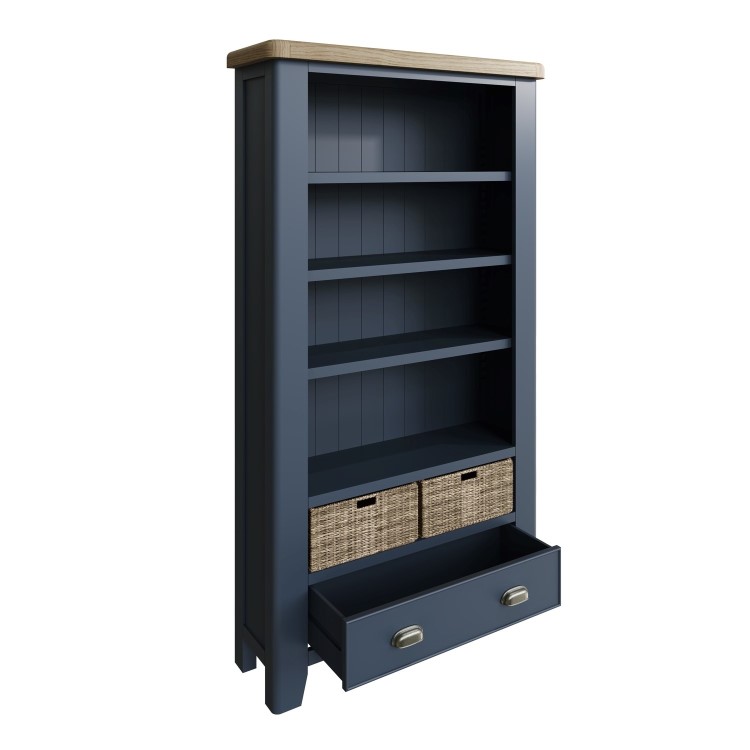 Oak & Blue Large Bookcase with Wicker Baskets