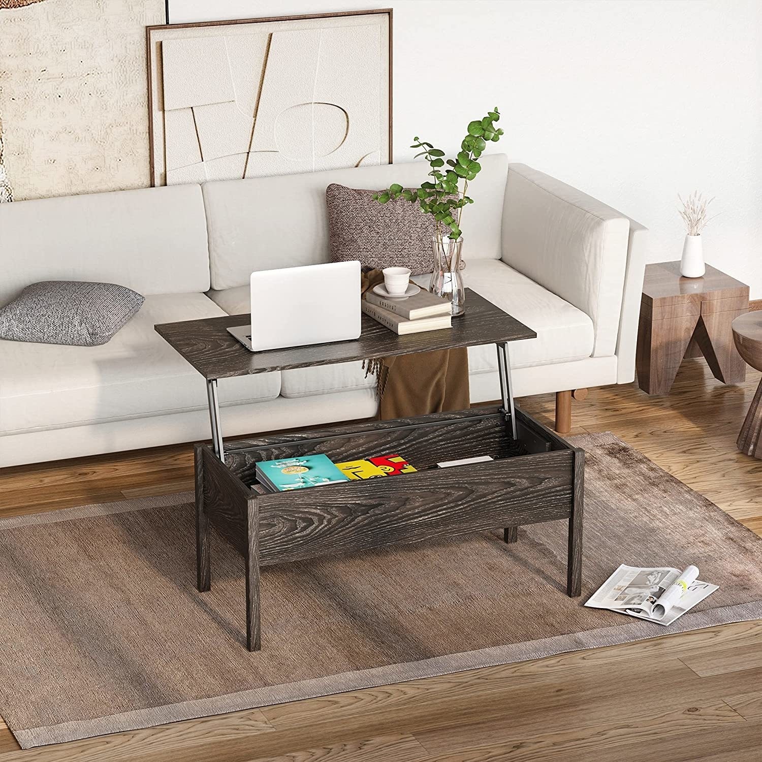 Photo of Brown wooden lift top coffee table with storage - tan