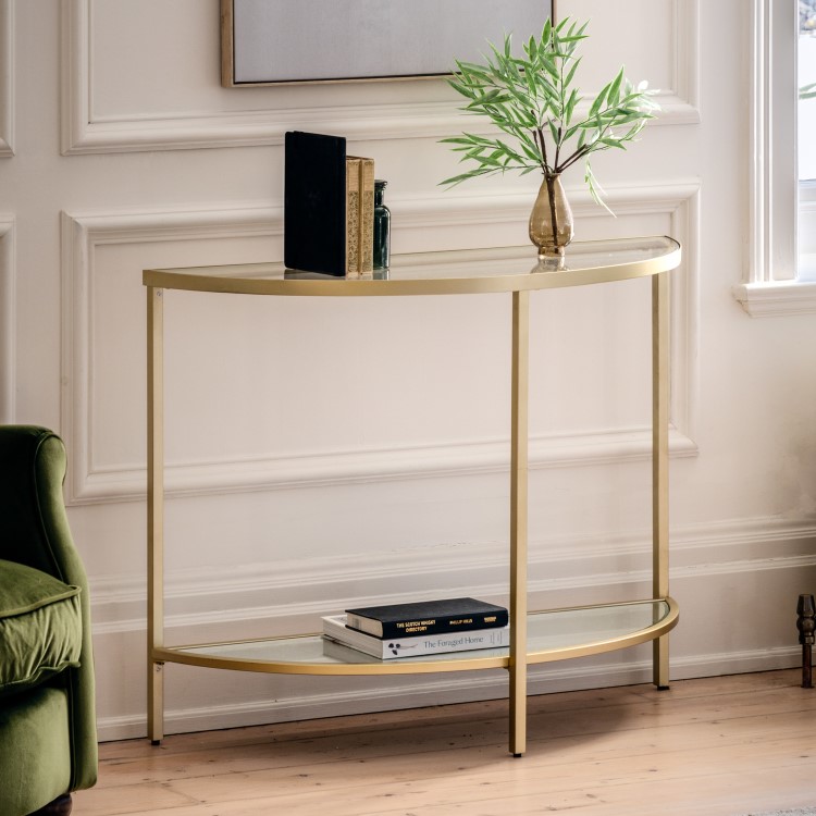 Small Glass Gold Console Table with Shelf - Hudson