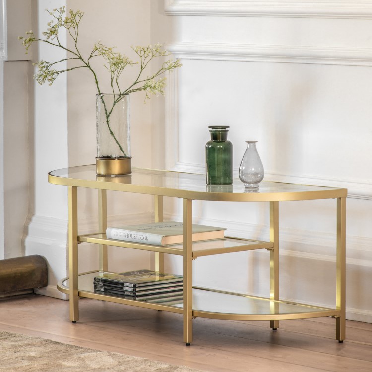 Small Gold Glass TV Stand with Shelves - TV's up to 50" - Hudson