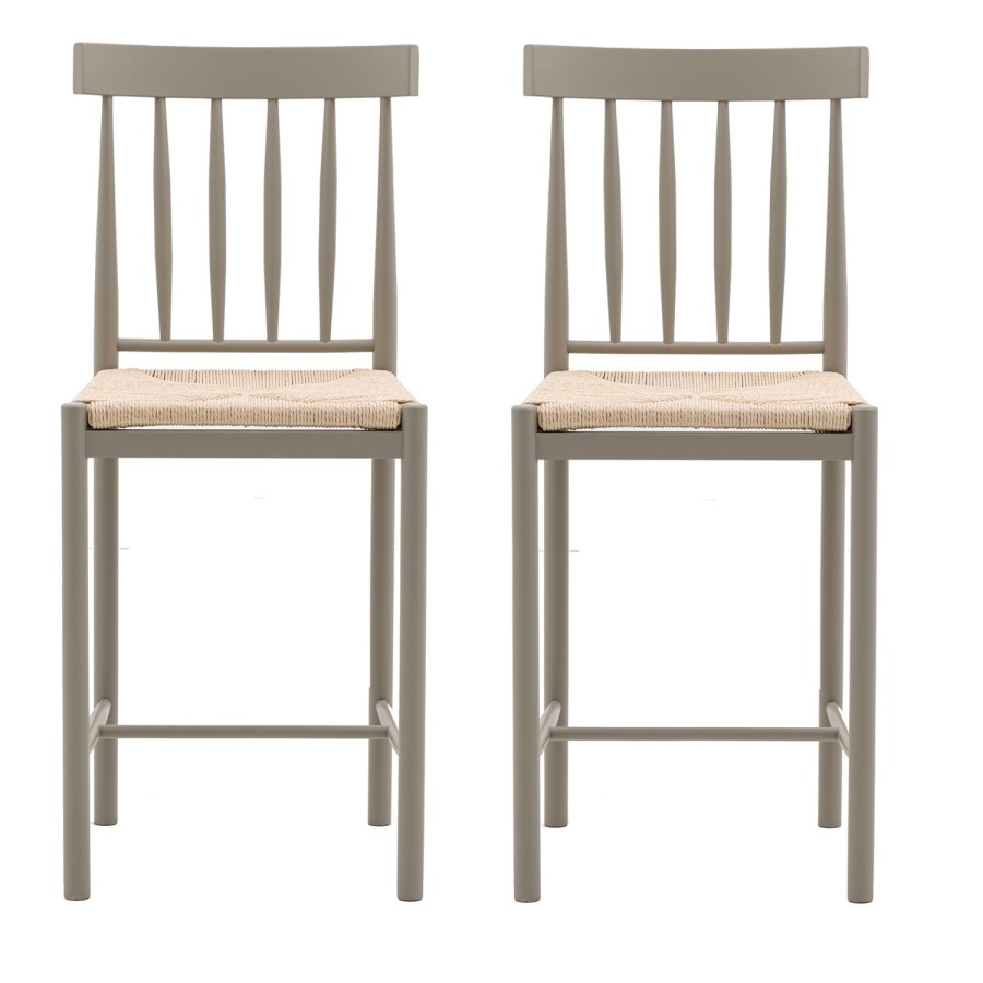 Set of 2 Sage Green Solid Oak Kitchen Stools with Woven Seats - Eton - Caspian House