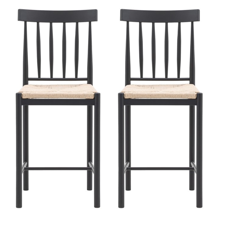 Set of 2 Navy Solid Oak Bar Stools with Woven Seats - Eton - Caspian House