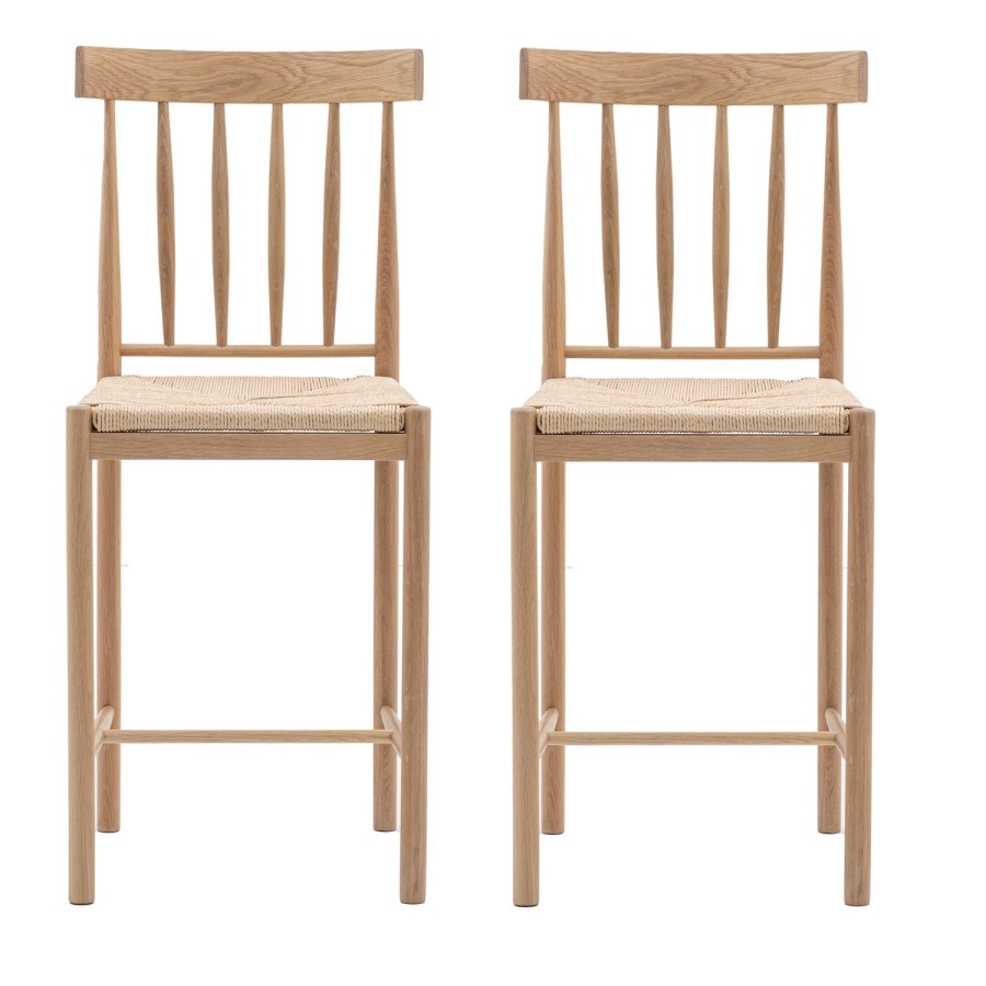 GRADE A1 - Eton Set of 2 Solid Oak Bar Stools with Woven Seats Natural - Caspian House