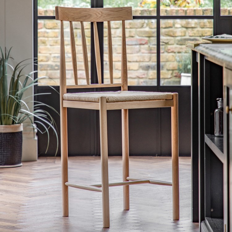 Set of 2 Natural Solid Oak Bar Stools with Woven Seats - Eton - Caspian House