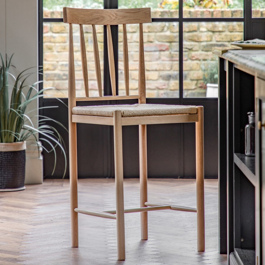 GRADE A1 - Eton Set of 2 Solid Oak Bar Stools with Woven Seats Natural - Caspian House