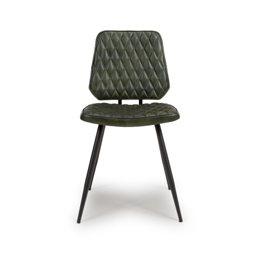 Set Of 2 Real Leather Green Dining Chairs with Quilted Back - Aiden