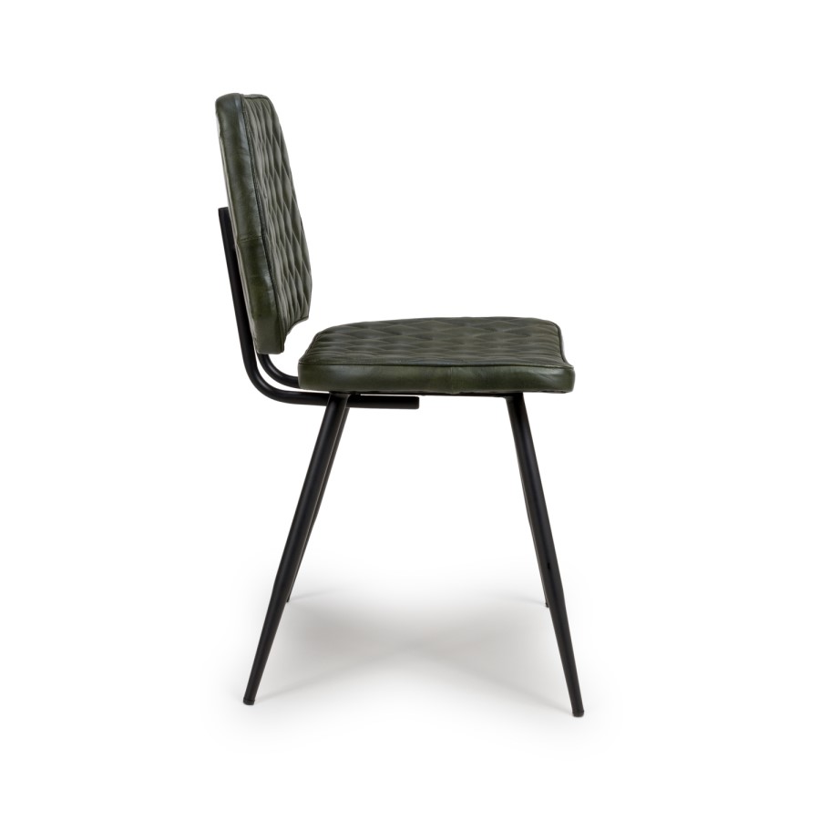 Set Of 2 Real Leather Green Dining Chairs with Quilted Back - Aiden