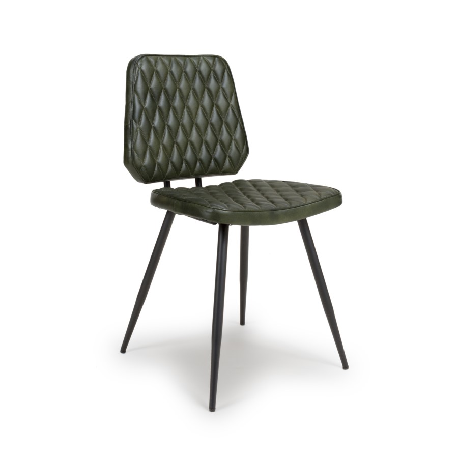 Set Of 2 Real Leather Green Dining Chairs with Quilted Back - Aiden