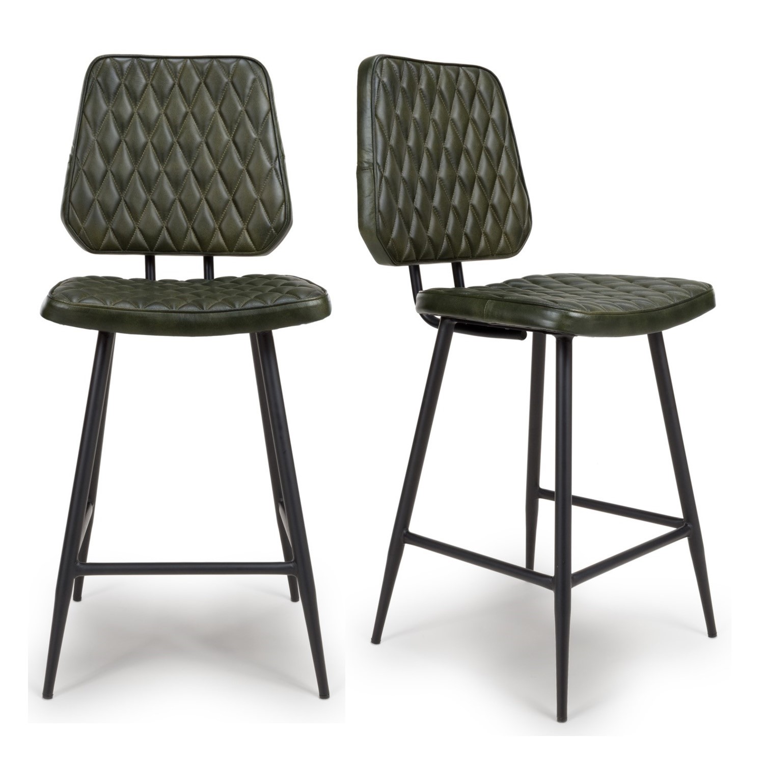 Photo of Set of 2 real leather green kitchen stools with quilted back - aiden