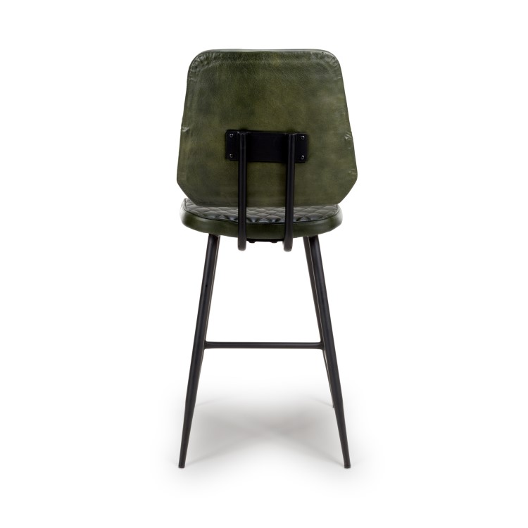 Set Of 2 Real Leather Green Kitchen Stools with Quilted Back - Aiden