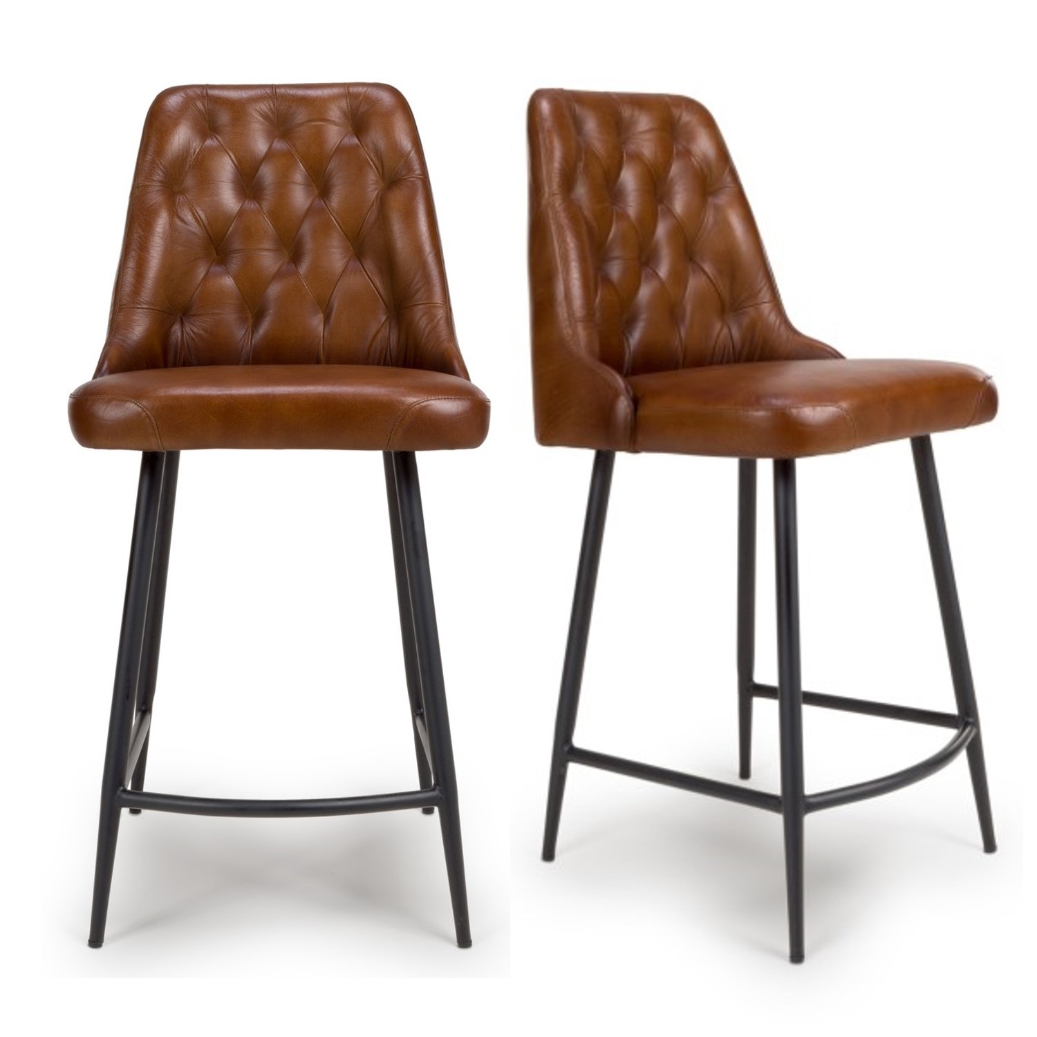 Photo of Set of 2 real leather tan kitchen stools with quilted back - jaxson