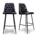 FOL105486 Set Of 2 Real Leather Black Kitchen Stools with Quilted Back - Jaxson
