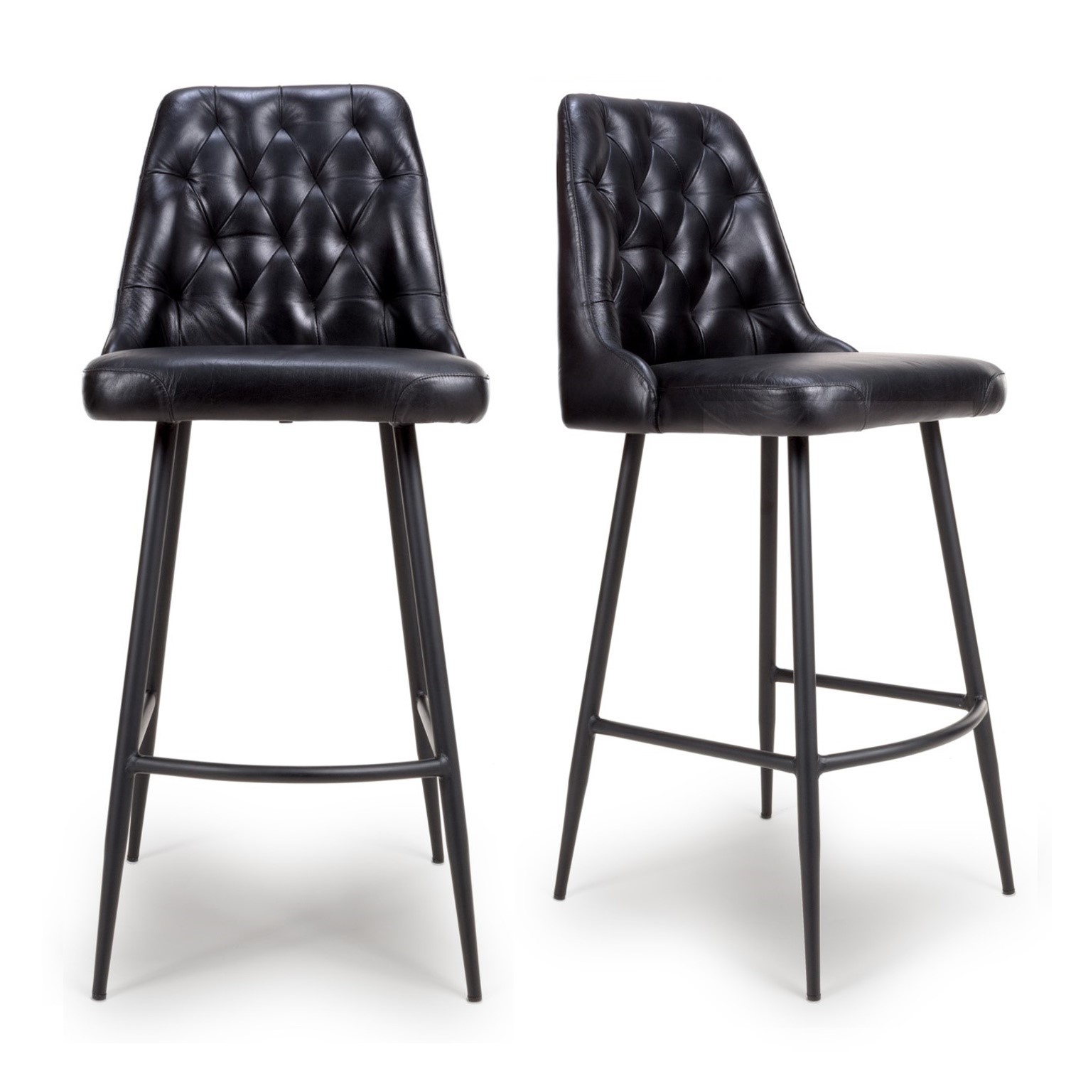 Photo of Set of 2 real leather black kitchen stools with quilted back - jaxson