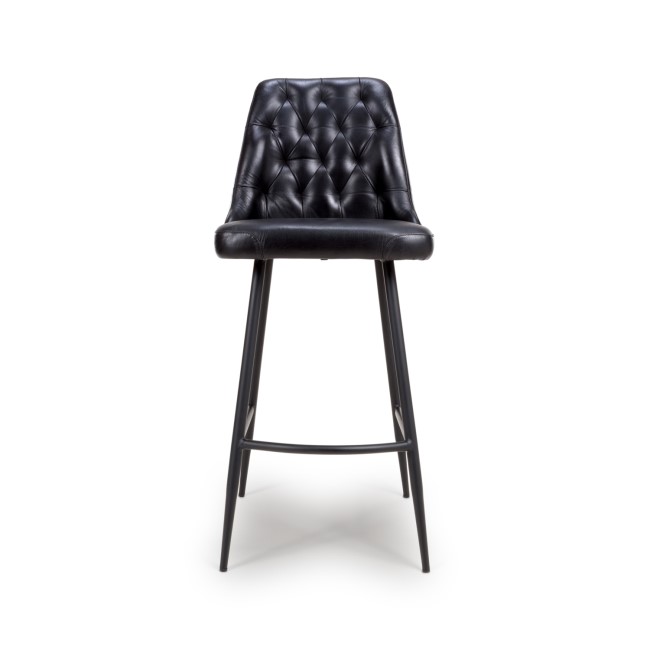 Set Of 2 Real Leather Black Kitchen Stools with Quilted Back - Jaxson