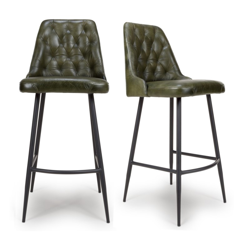 ONLY OPENED - Set Of 2 Leather Green Kitchen Stools with Quilted back- Jaxson