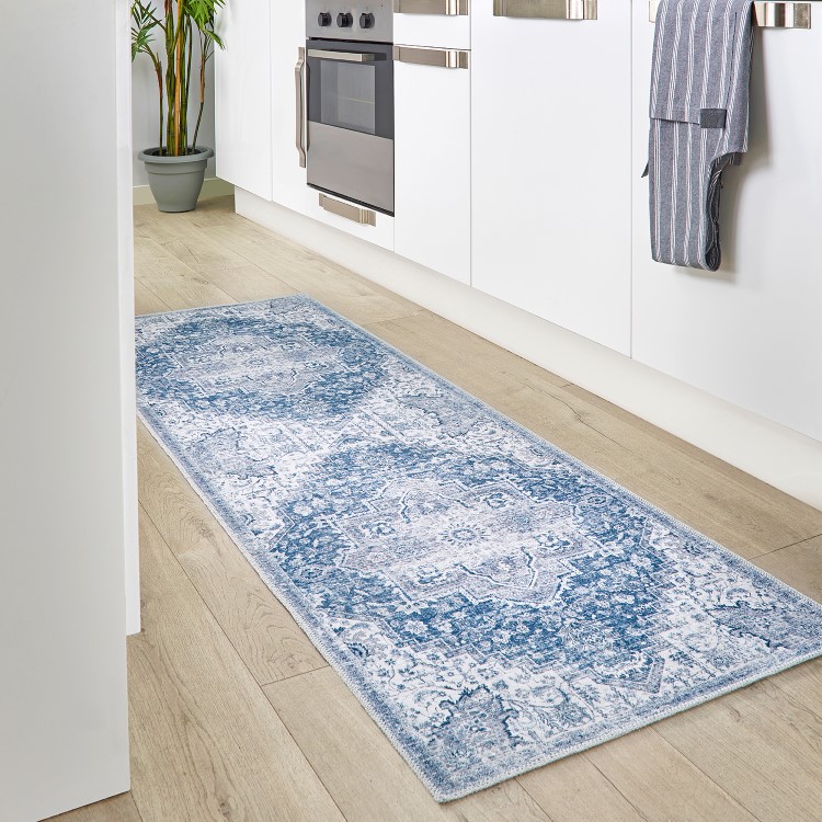 Washable Distressed Medallion Design Blue Runner Rug - 200 x 67 cm - Garda - Ripley