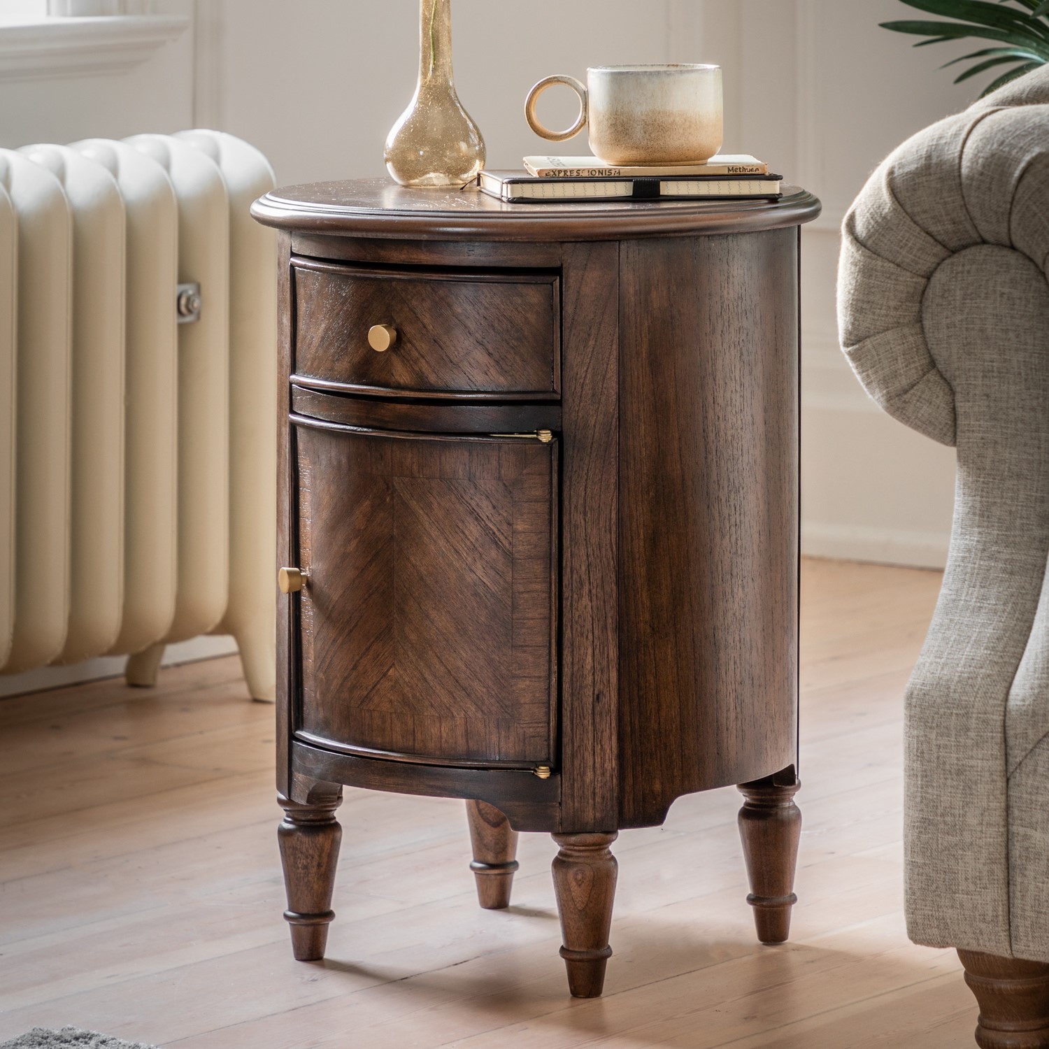 Round Walnut Side Table with Storage Cupboard and Drawer - Madie ...