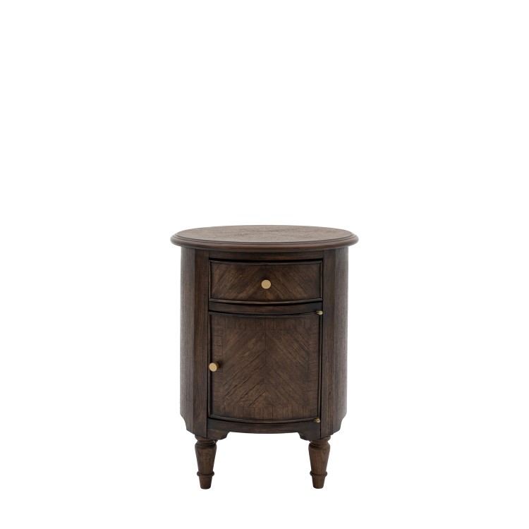 Round Walnut Side Table with Storage Cupboard and Drawer - Madie