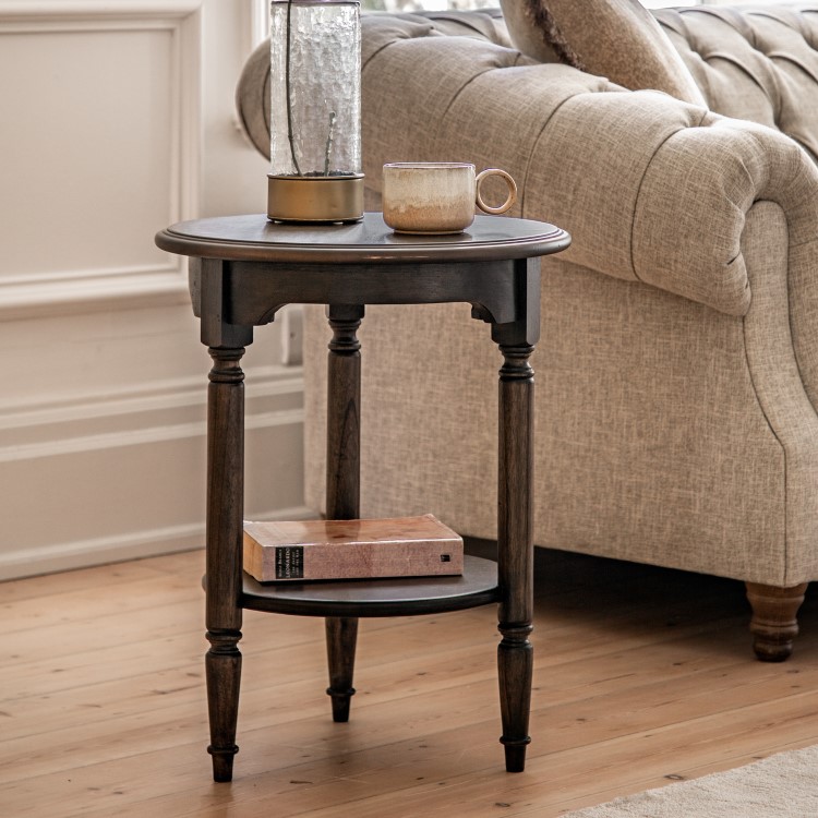 Round Walnut Side Table with Storage Shelf - Madie