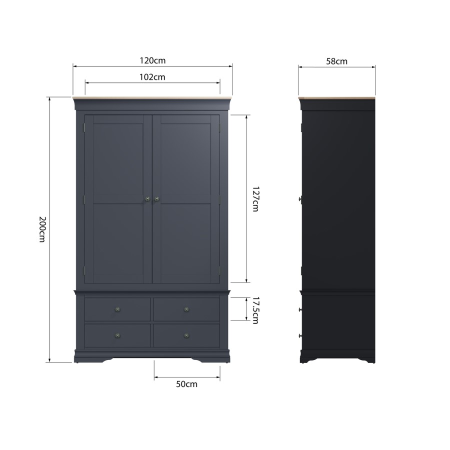 Midnight Grey Painted & Oak 2 Door Wardrobe with Drawer-The Wickerman