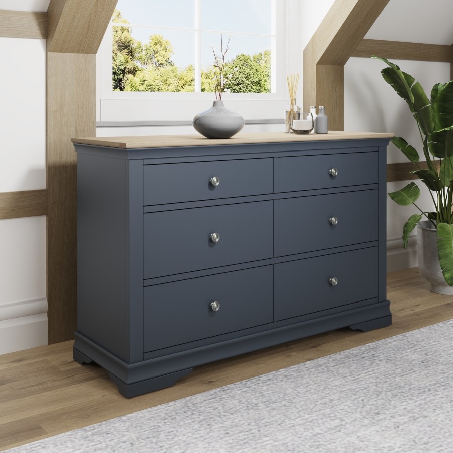 Wide Oak and Grey Chest of 6 Drawers - The Wickerman