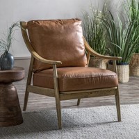 Brown Leather Mid Century Armchair with Wood Frame - Caspian House