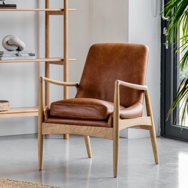 Brown Leather Mid Century Armchair - Caspian House