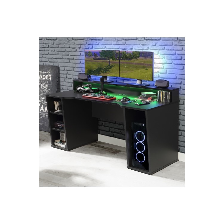 Black Gaming Desk 2 Shelves with Colour Changing LED - Tezaur